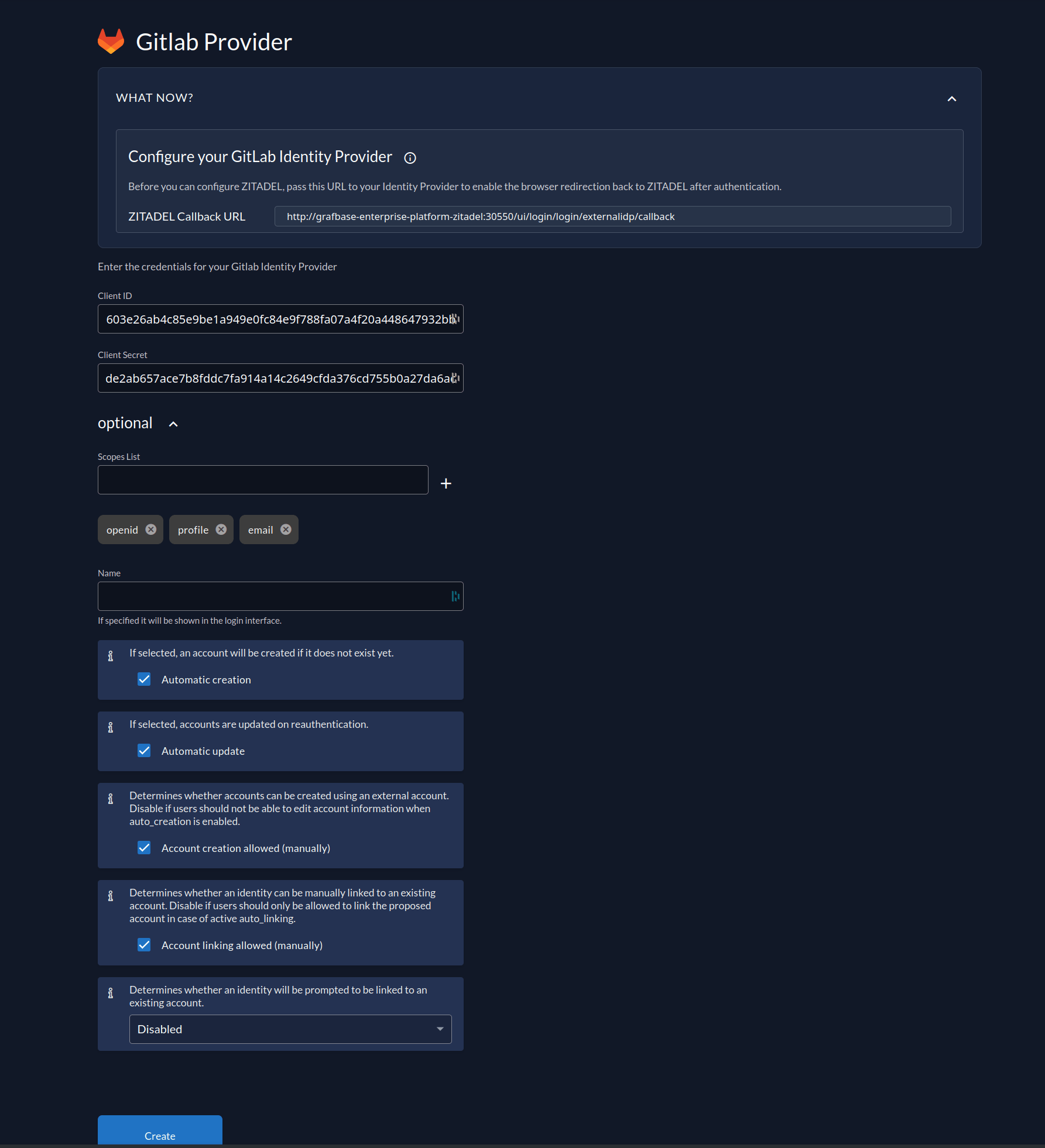 Form to create the identity provider in Zitadel