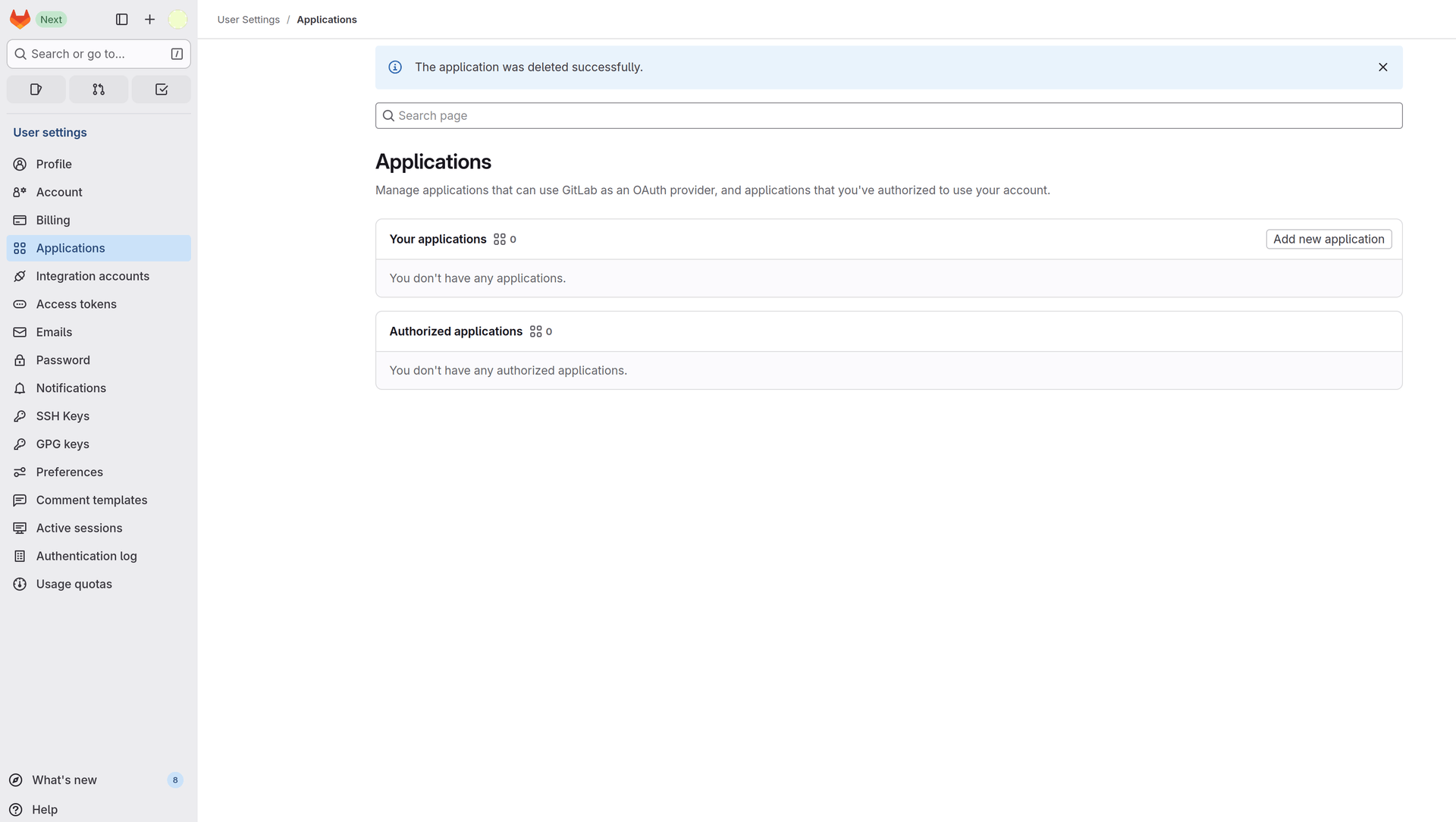 GitLab applications page