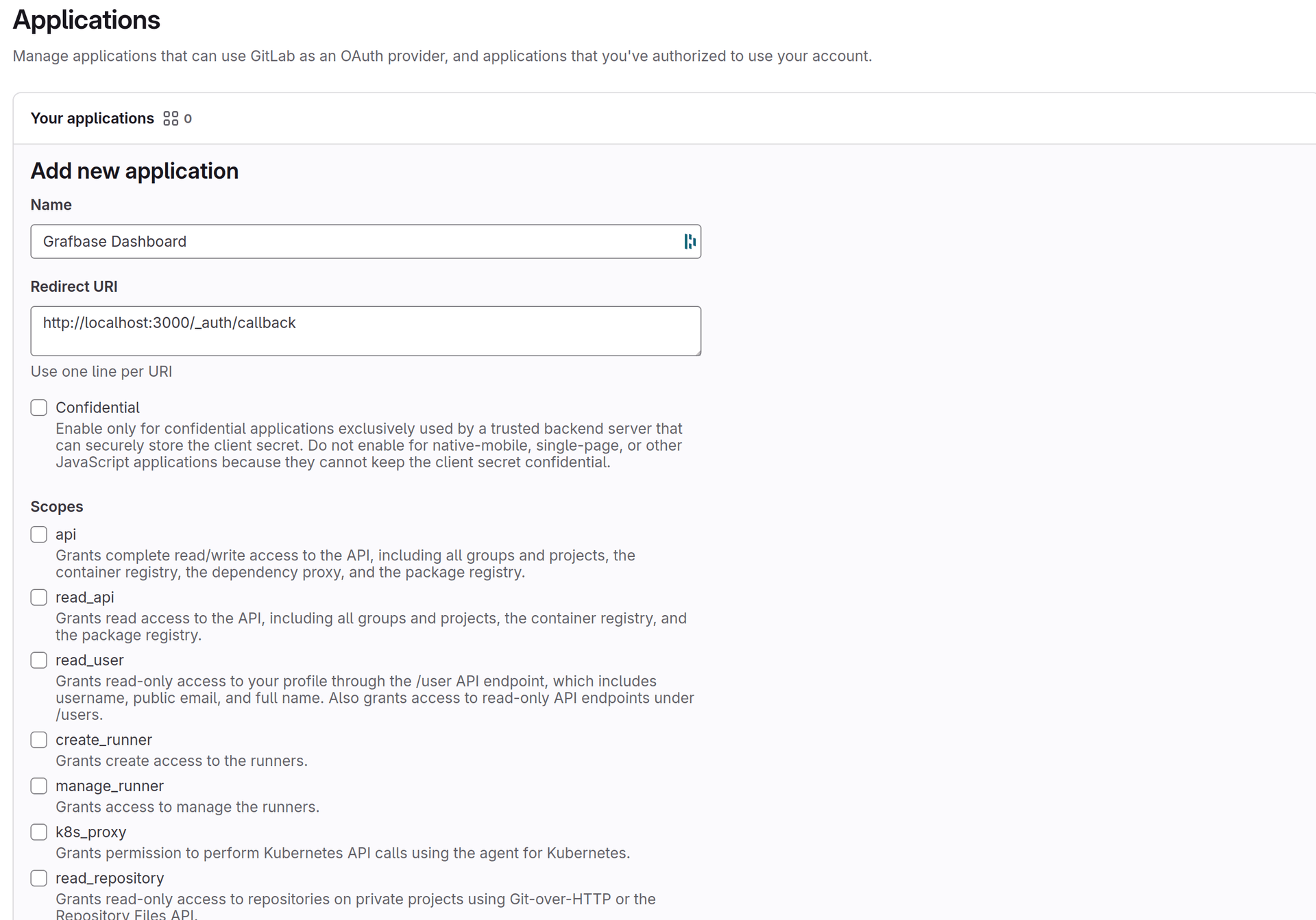 GitLab application creation UI