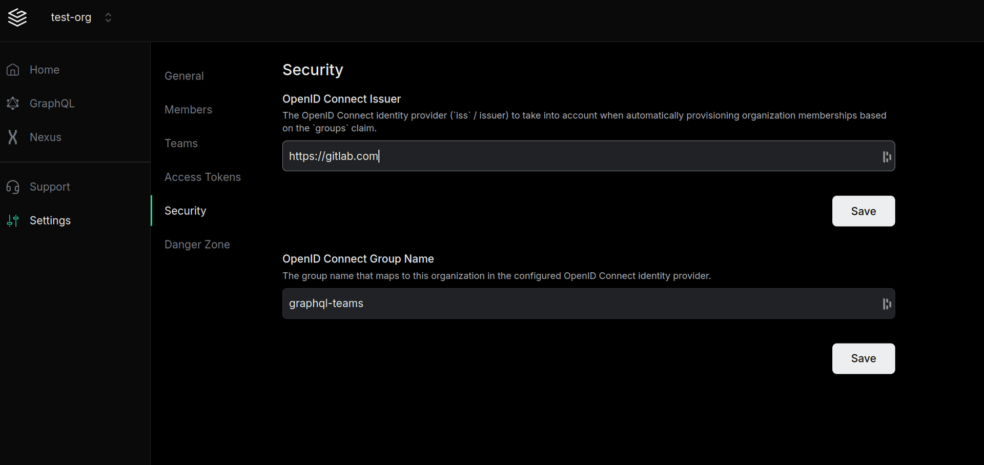 OIDC organization settings