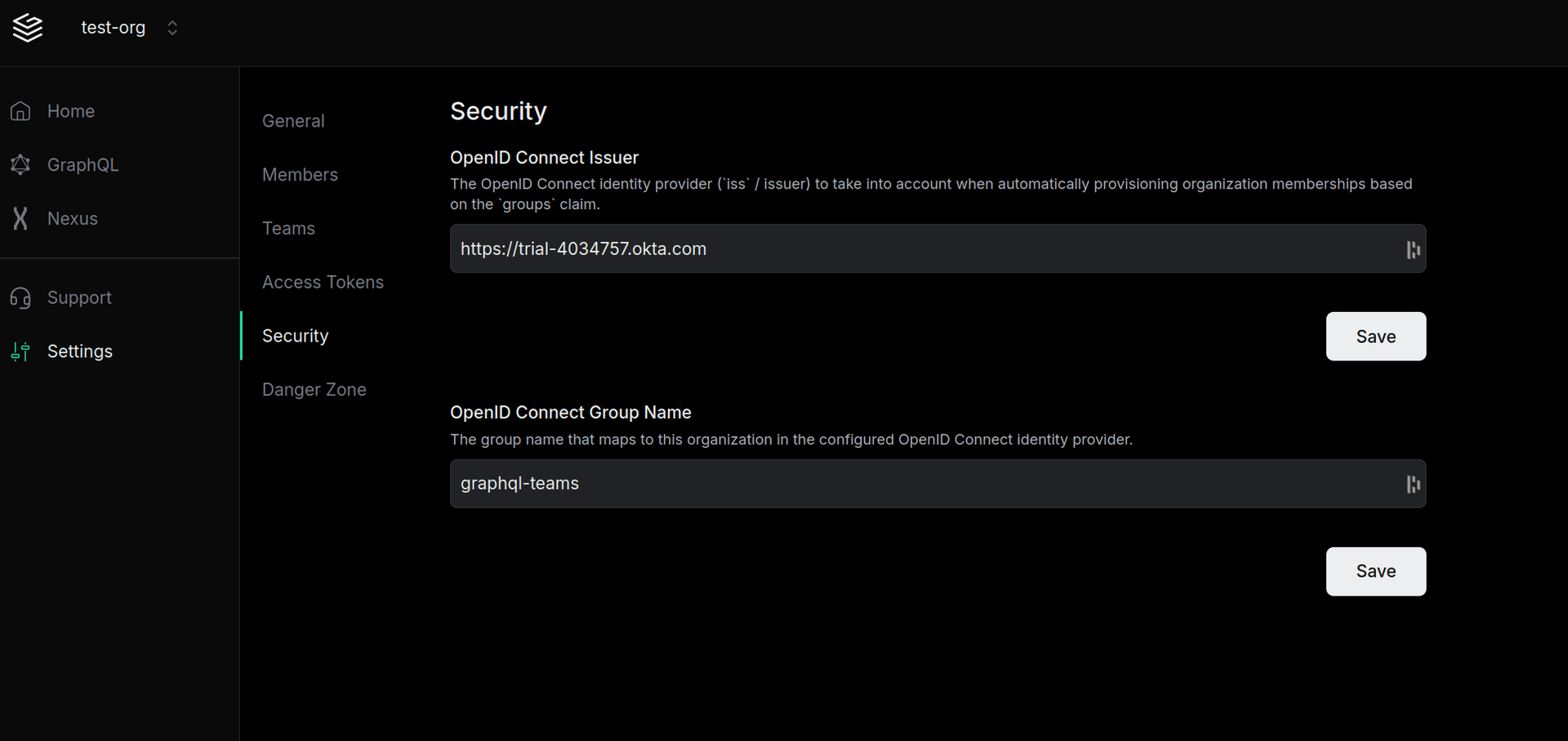 OIDC organization settings